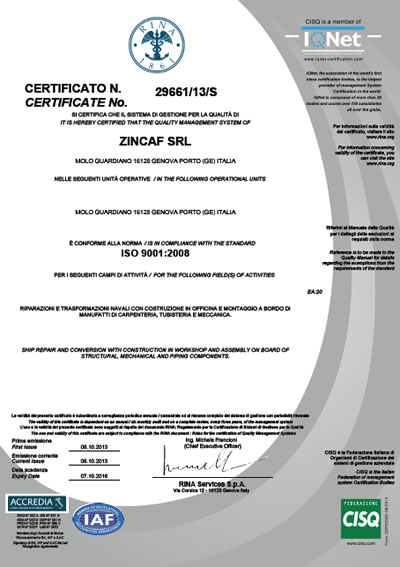 Zincaf ISO 9001 RINA